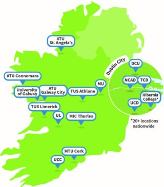 Map of Ireland with location points to show the Accredited programmes of teacher education qualification (post primary education)
