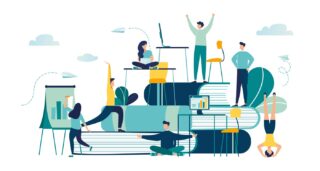 Stlylistic cartoon image of charcaters participating in activities such as yoga, cheering and working.