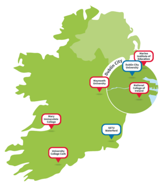 Map of Ireland with location points to show the Accredited programmes of teacher education qualification (further education)
